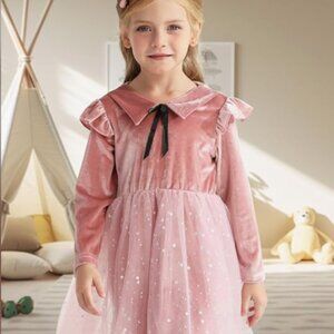 Toddler Baby Girls Dress Tulle Tutu Velvet Tie Collar Button Ruffle Long Sleeve